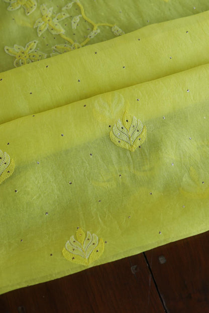 Yellow Noor Organza Silk Chikankari Unstitched Kurta Dupatta Set