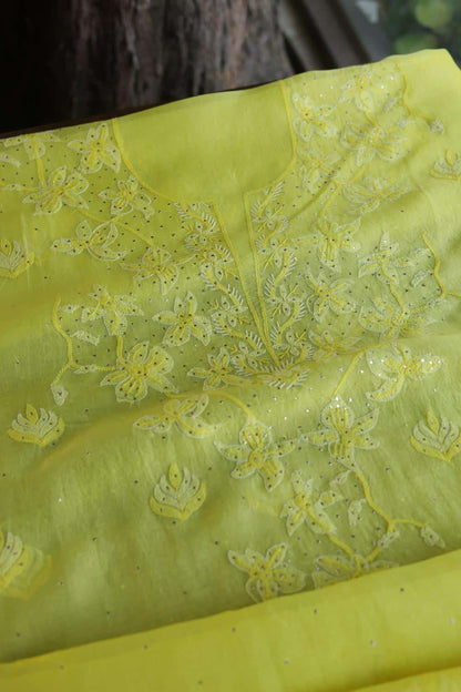 Yellow Noor Organza Silk Chikankari Unstitched Kurta Dupatta Set