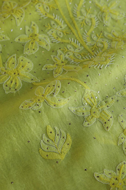 Yellow Noor Organza Silk Chikankari Unstitched Kurta Dupatta Set