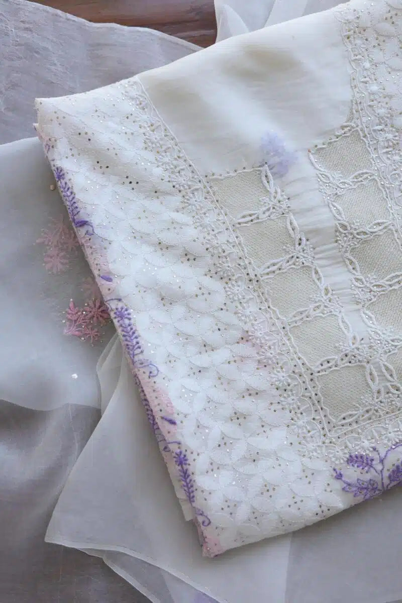 Noor Organza Silk Chikankari With Mukaish Kamdani Fabric