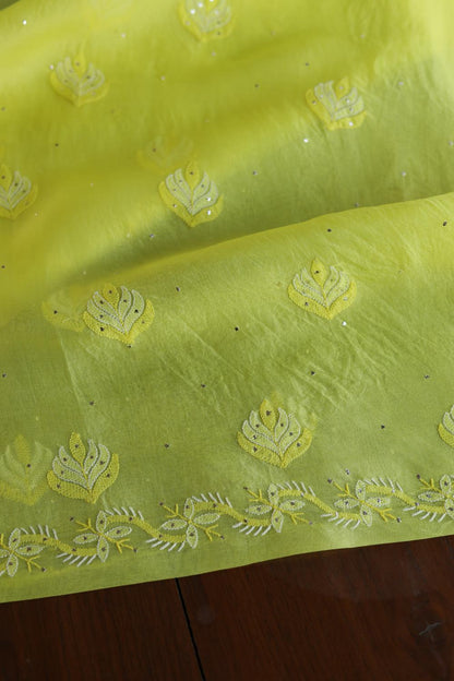 Yellow Noor Organza Silk Chikankari Unstitched Kurta Dupatta Set