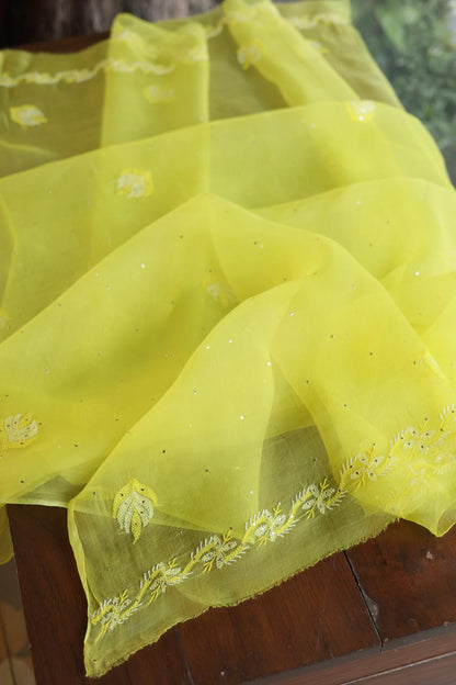 Yellow Noor Organza Silk Chikankari Unstitched Kurta Dupatta Set