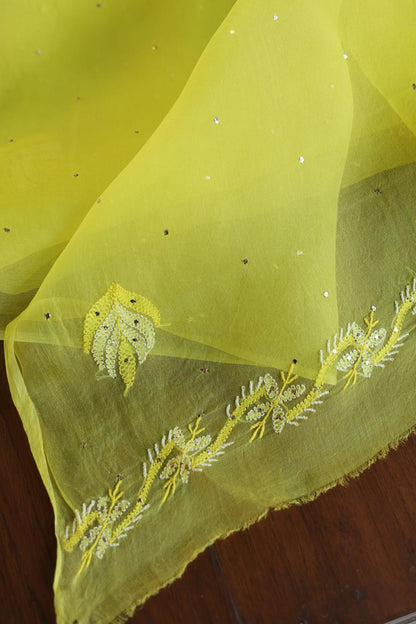 Yellow Noor Organza Silk Chikankari Unstitched Kurta Dupatta Set