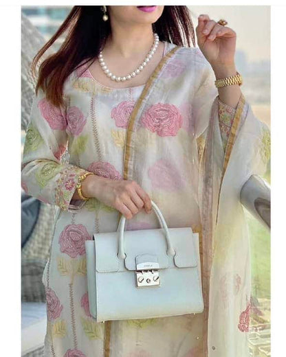 White Noor Banarasi Organza Chikankari Unstitched Fabrics
