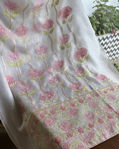 White Noor Banarasi Organza Chikankari Unstitched Fabrics