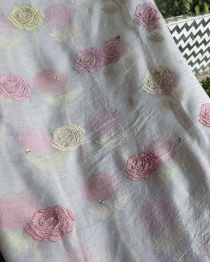 White Noor Banarasi Organza Chikankari Unstitched Fabrics