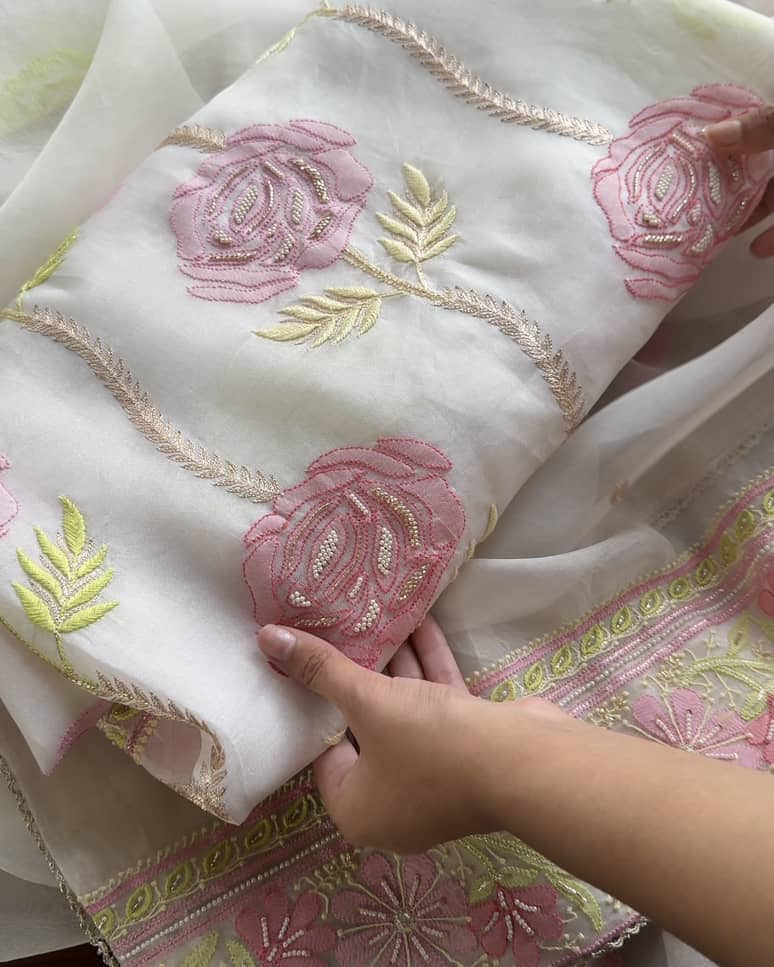 White Noor Banarasi Organza Chikankari Unstitched Fabrics
