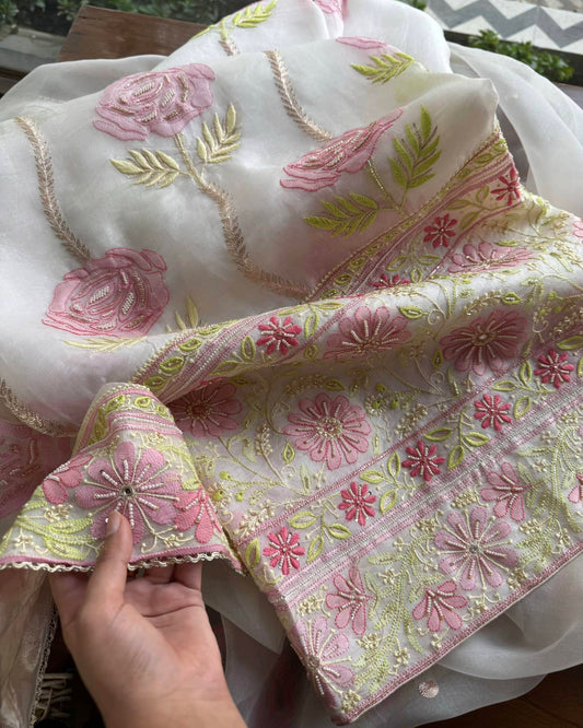 White Noor Banarasi Organza Chikankari Unstitched Fabrics