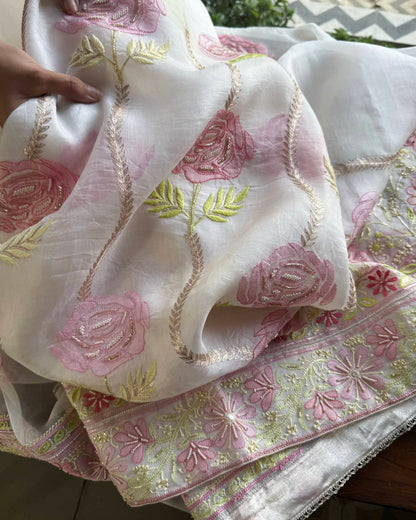 White Noor Banarasi Organza Chikankari Unstitched Fabrics