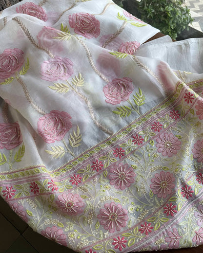 White Noor Banarasi Organza Chikankari Unstitched Fabrics