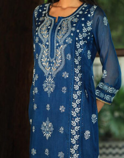 Noor Organza Chikankari Applique Kurta Set | Prussian Blue
