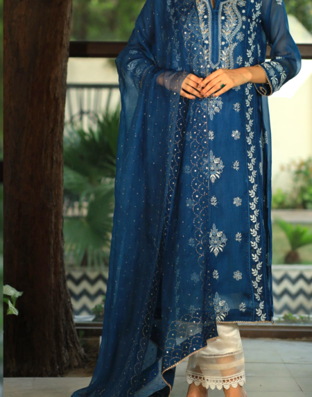 Noor Organza Chikankari Applique Kurta Set | Prussian Blue