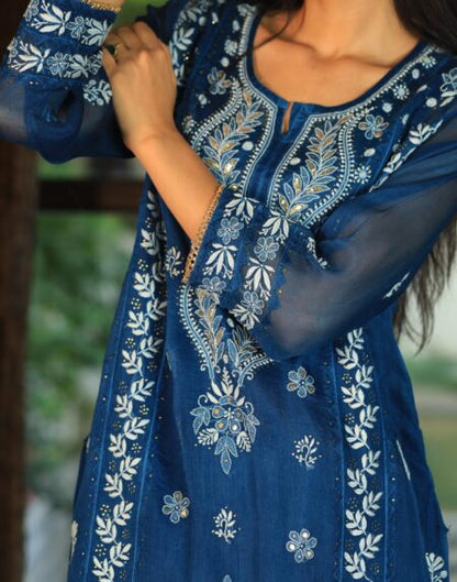 Noor Organza Chikankari Applique Kurta Set | Prussian Blue
