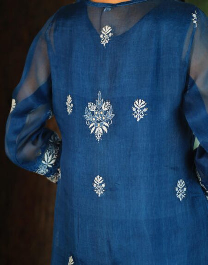 Noor Organza Chikankari Applique Kurta Set | Prussian Blue