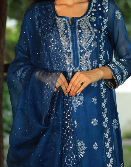 Noor Organza Chikankari Applique Kurta Set | Prussian Blue