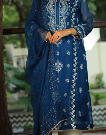 Noor Organza Chikankari Applique Kurta Set | Prussian Blue