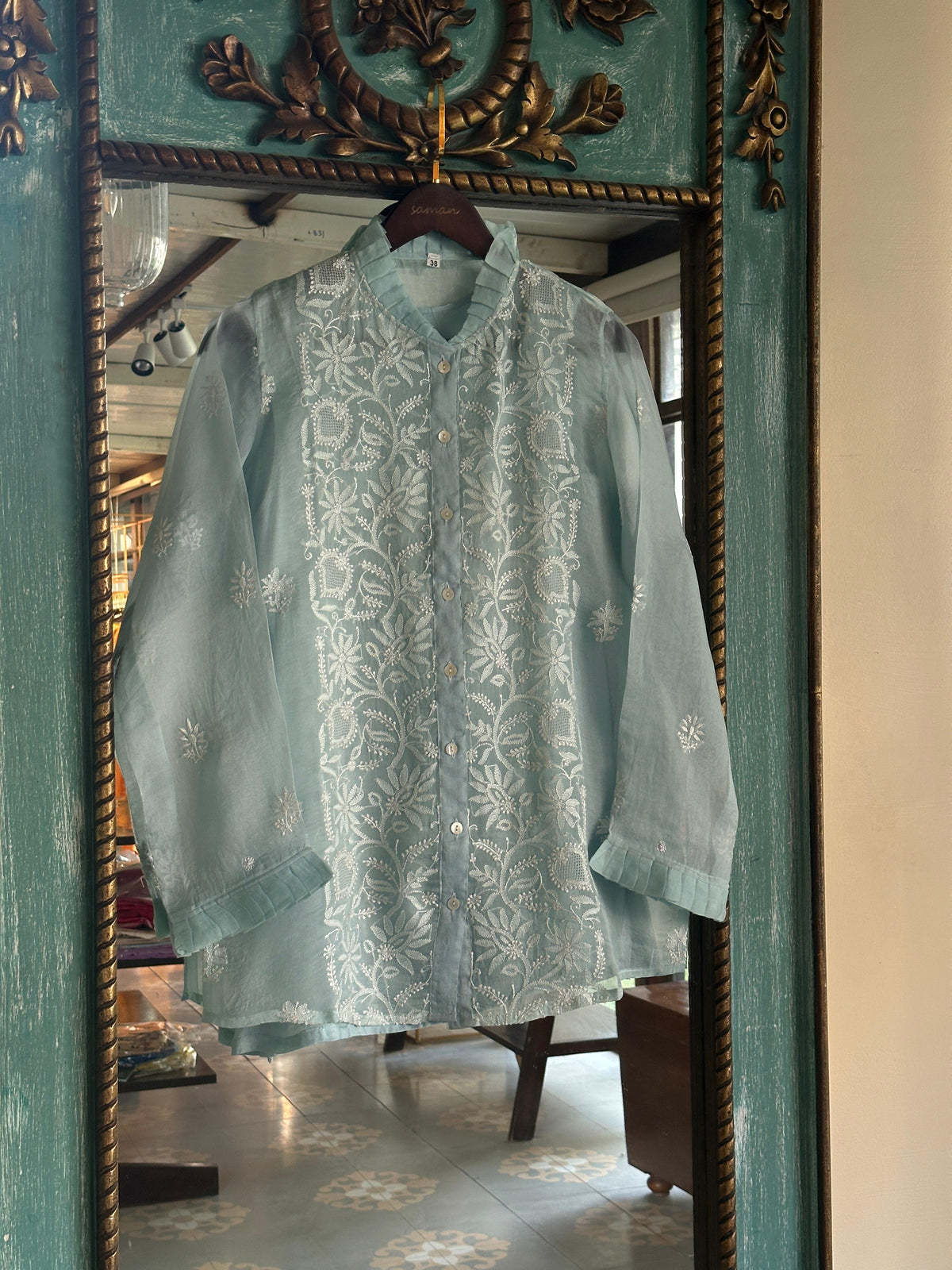 Noor Organza Chikankari Frill Collar Ready To Wear Short Top