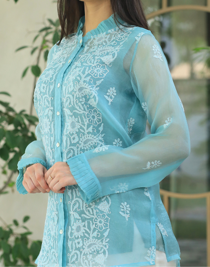Noor Organza Chikankari Frill Collar Ready To Wear Short Top
