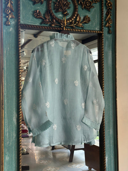 Noor Organza Chikankari Frill Collar Ready To Wear Short Top
