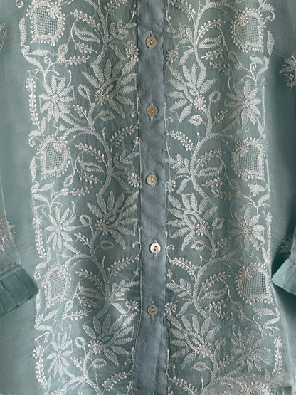 Noor Organza Chikankari Frill Collar Ready To Wear Short Top