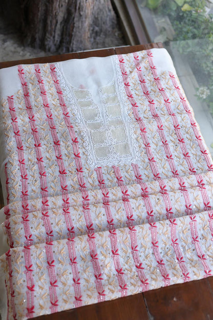 White & Red Noor Organza Silk Chikankari With Mukaish Kamdani Fabric