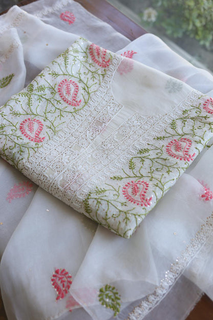 White Noor Organza Silk Chikankari With Mukaish Kamdani Unstitched Fabric