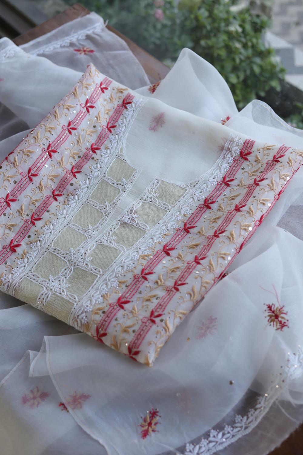 White & Red Noor Organza Silk Chikankari With Mukaish Kamdani Fabric