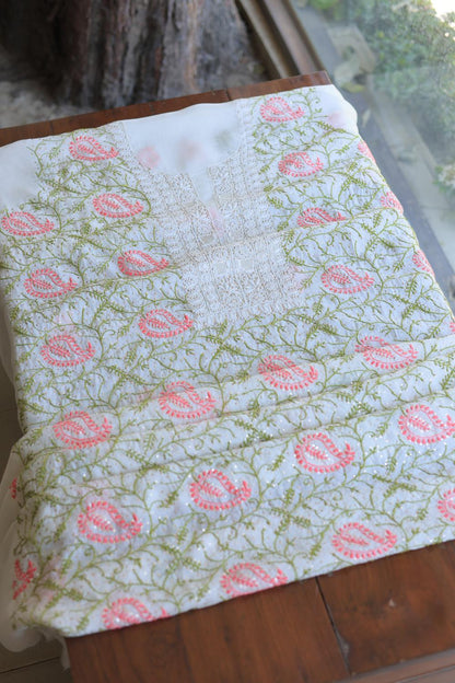 White Noor Organza Silk Chikankari With Mukaish Kamdani Unstitched Fabric