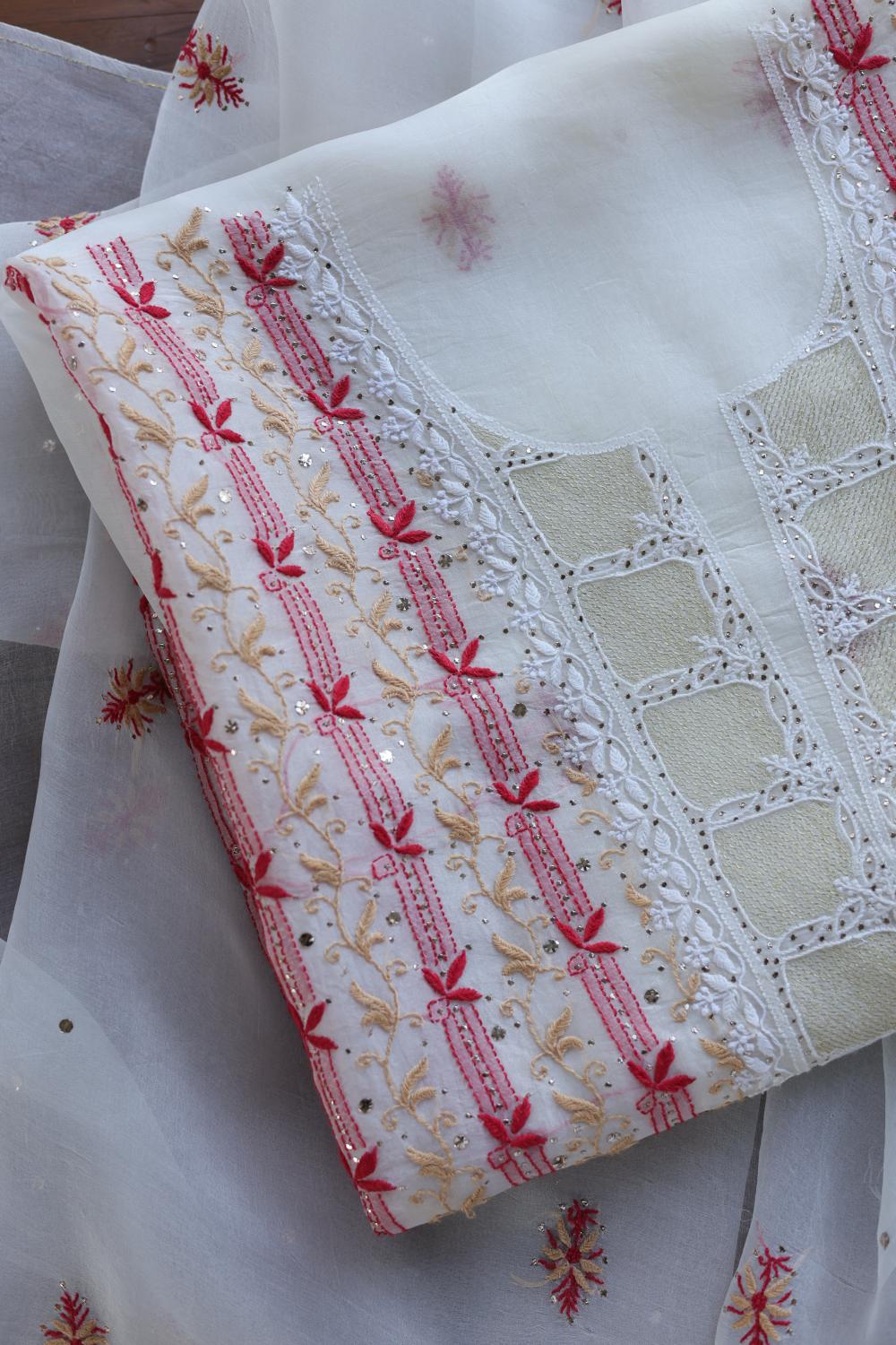 White & Red Noor Organza Silk Chikankari With Mukaish Kamdani Fabric