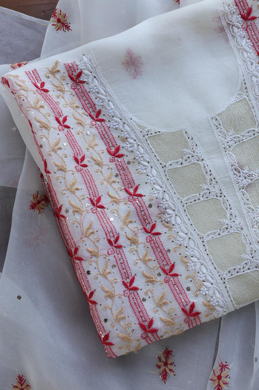 White & Red Noor Organza Silk Chikankari With Mukaish Kamdani Fabric