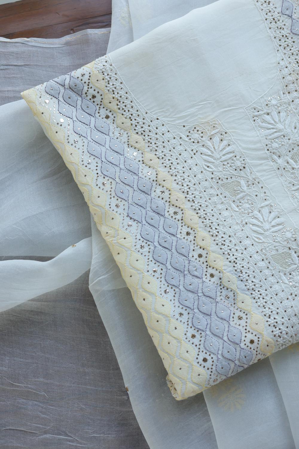 Noor Organza Silk Chikankari With Mukaish Kamdani Fabrics