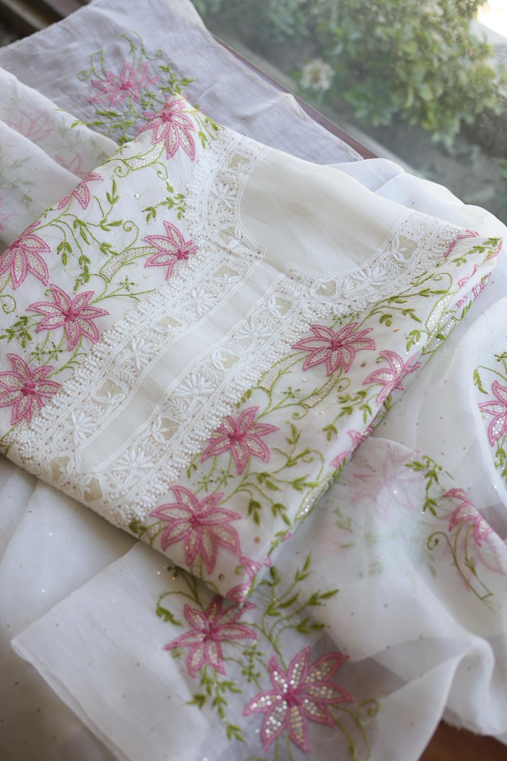 Noor Organza Silk Chikankari With Mukaish Work Fabric