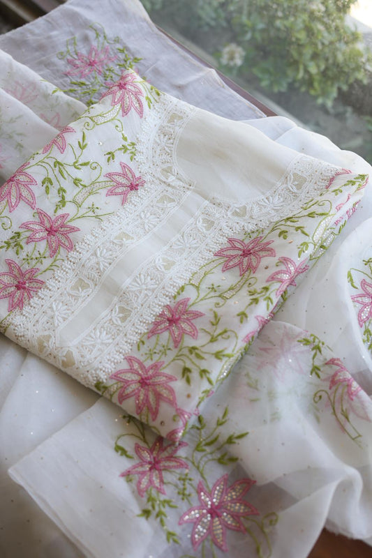 Noor Organza Silk Chikankari With Mukaish Work Fabric