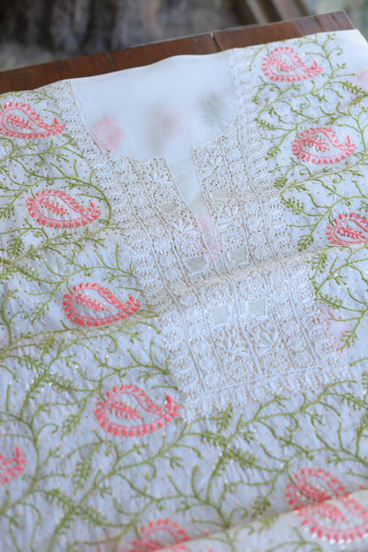 White Noor Organza Silk Chikankari With Mukaish Kamdani Unstitched Fabric