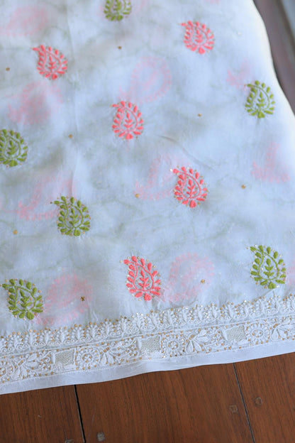 White Noor Organza Silk Chikankari With Mukaish Kamdani Unstitched Fabric