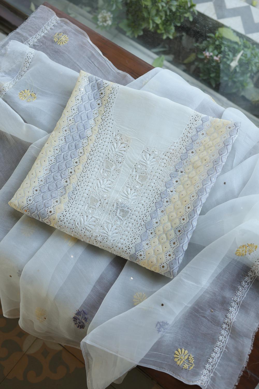 Noor Organza Silk Chikankari With Mukaish Kamdani Fabrics