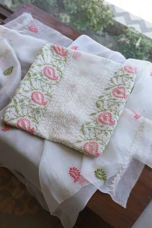 White Noor Organza Silk Chikankari With Mukaish Kamdani Unstitched Fabric