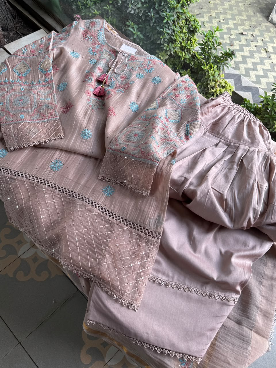 Nude Beige Mal Chanderi Farshi Chikankari Set