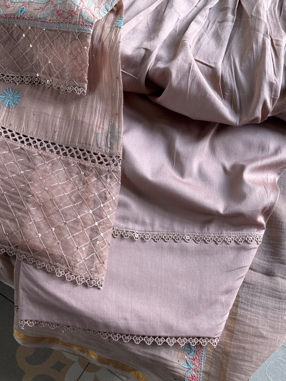 Nude Beige Mal Chanderi Farshi Chikankari Set