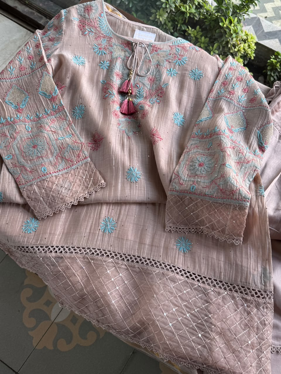 Nude Beige Mal Chanderi Farshi Chikankari Set