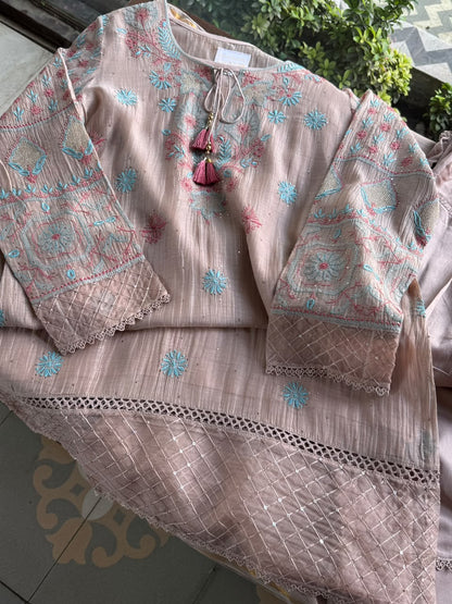 Nude Beige Mal Chanderi Farshi Chikankari Set