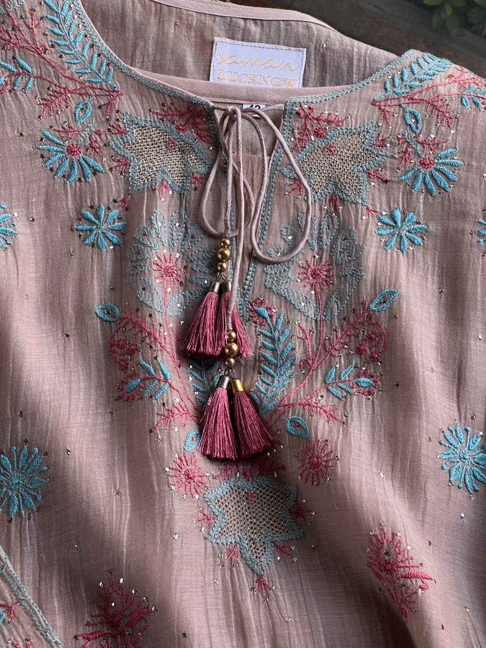 Nude Beige Mal Chanderi Farshi Chikankari Set