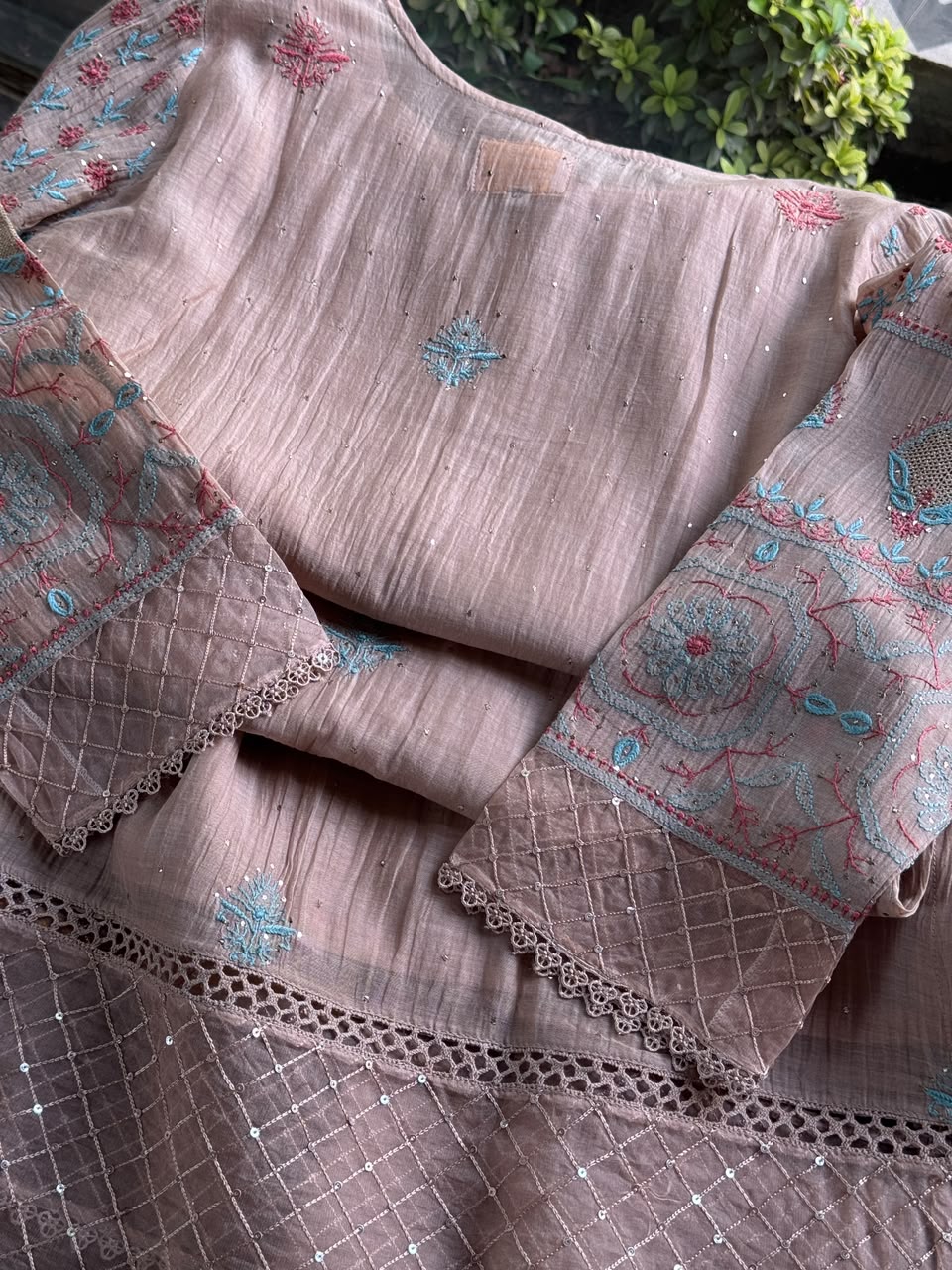 Nude Beige Mal Chanderi Farshi Chikankari Set