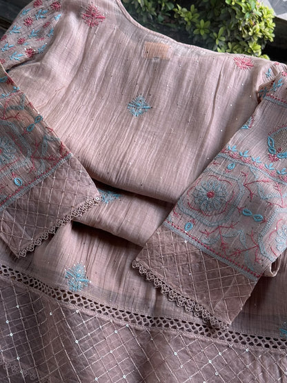 Nude Beige Mal Chanderi Farshi Chikankari Set
