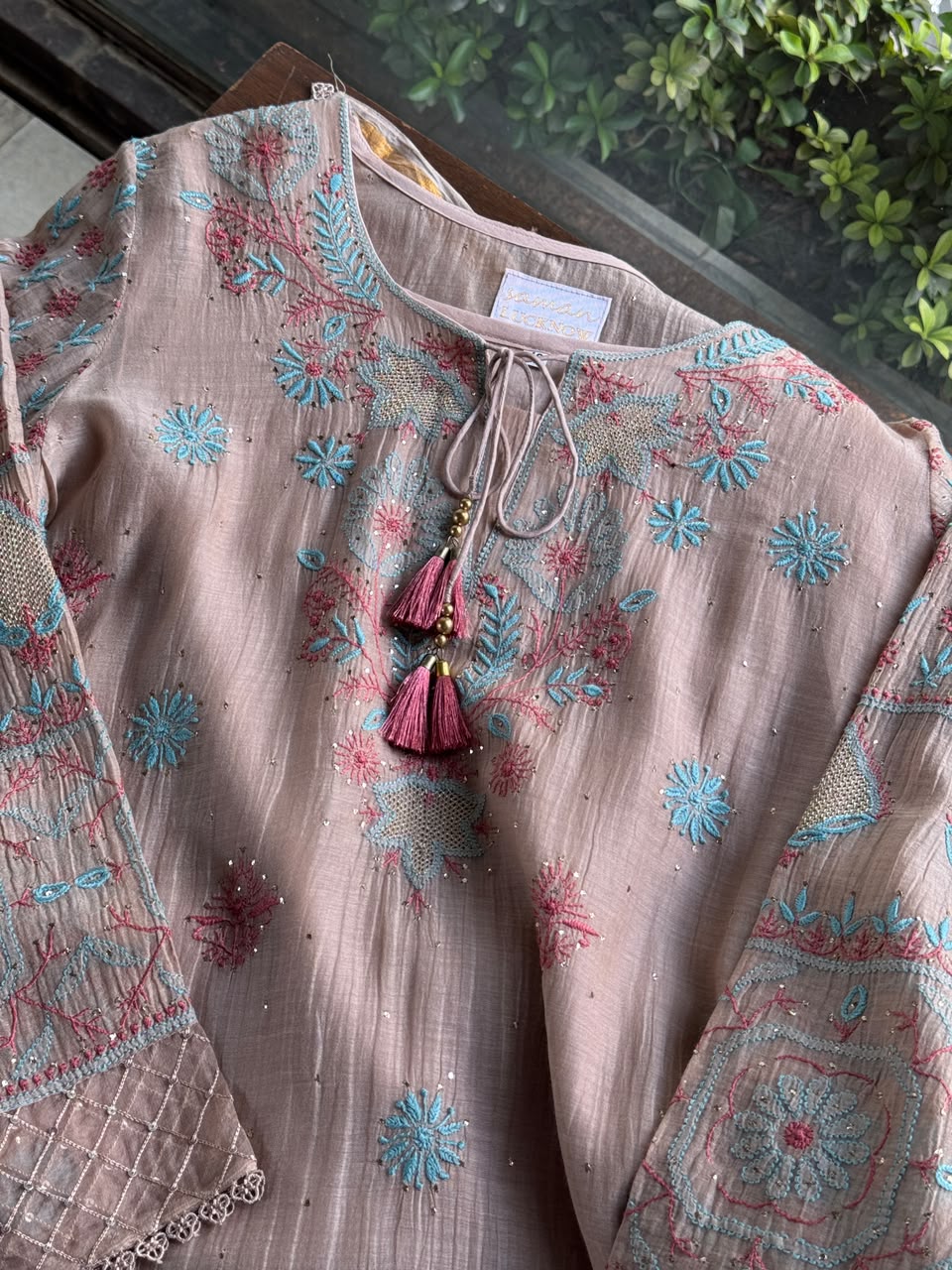 Nude Beige Mal Chanderi Farshi Chikankari Set