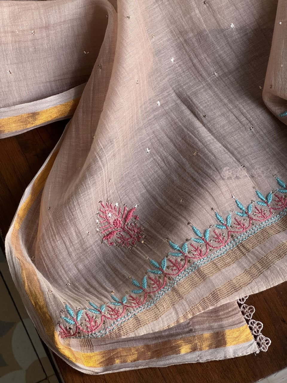 Nude Beige Mal Chanderi Farshi Chikankari Set