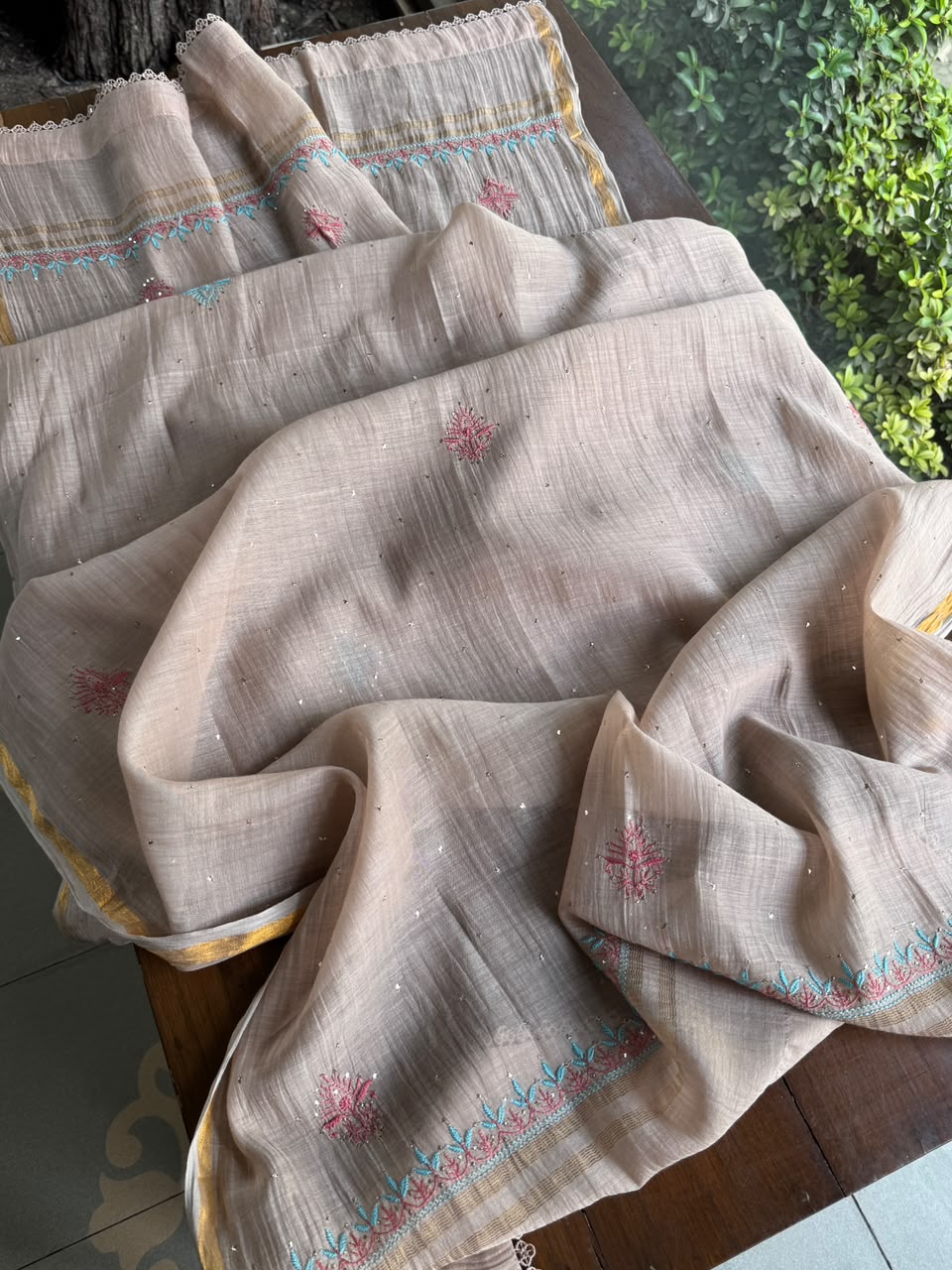 Nude Beige Mal Chanderi Farshi Chikankari Set