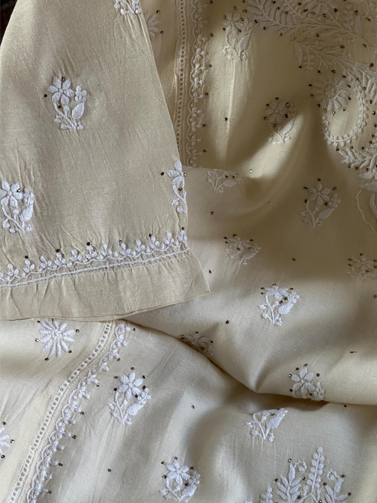 Off White Chanderi Chikankari Ready To Wear Kurta With Mukaish Kamdani