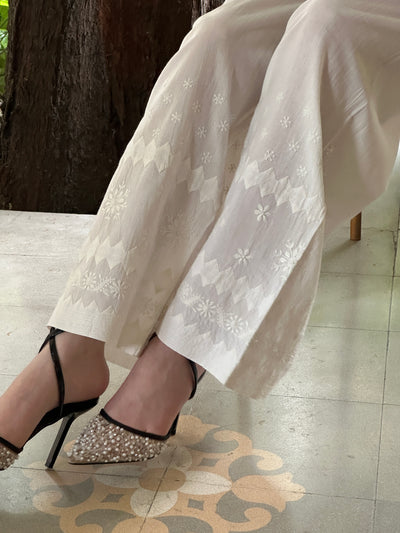 Off White Daraz Cotton Applique Chikankari Palazzo