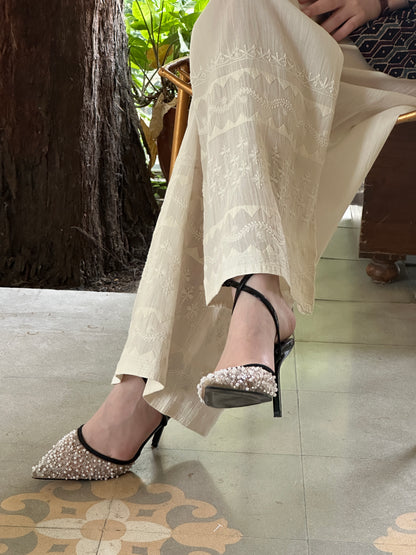 Off White Daraz Cotton Applique Chikankari Palazzo